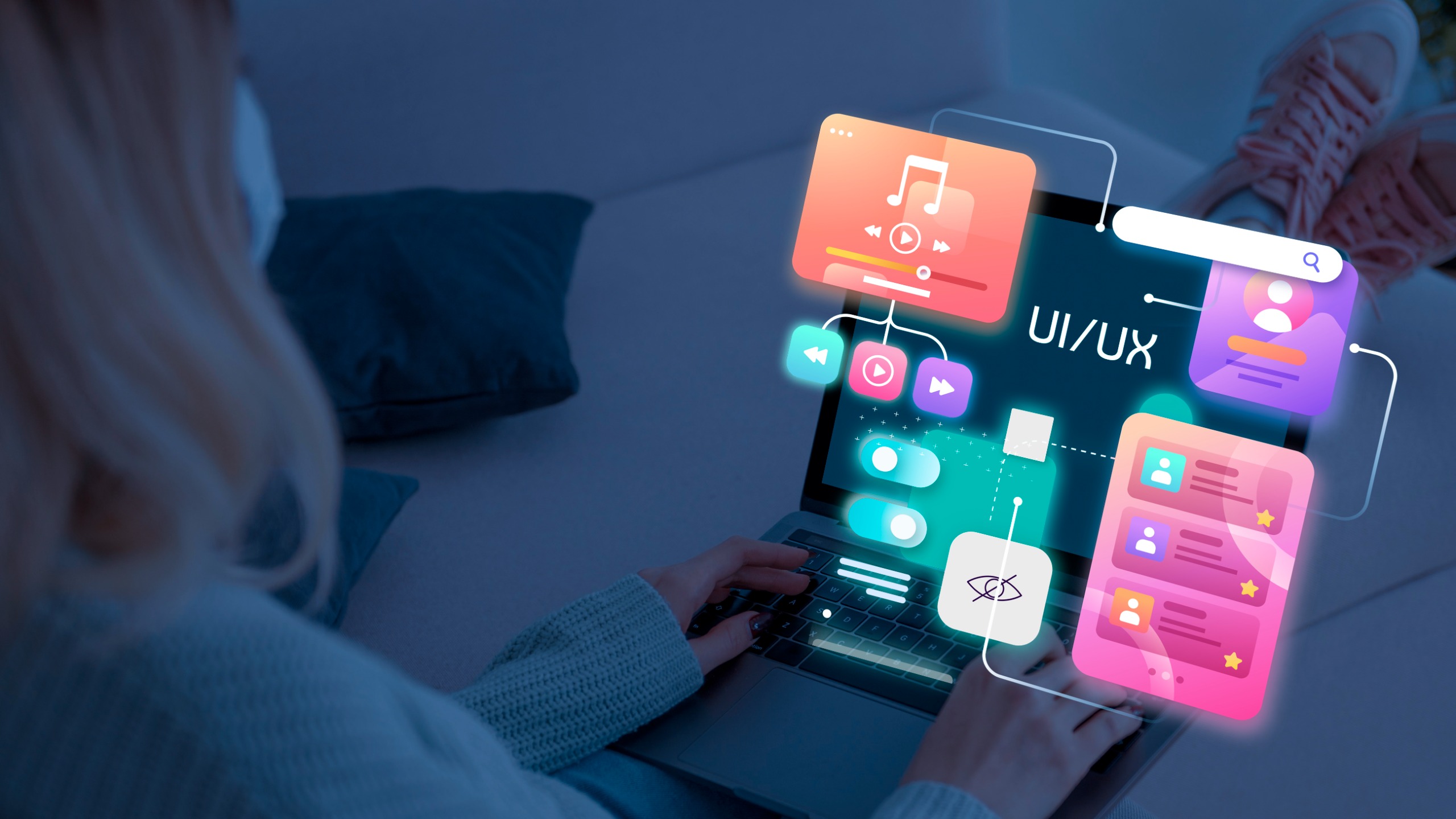 Laptop surrounded by floating web app UI/UX interface mockups