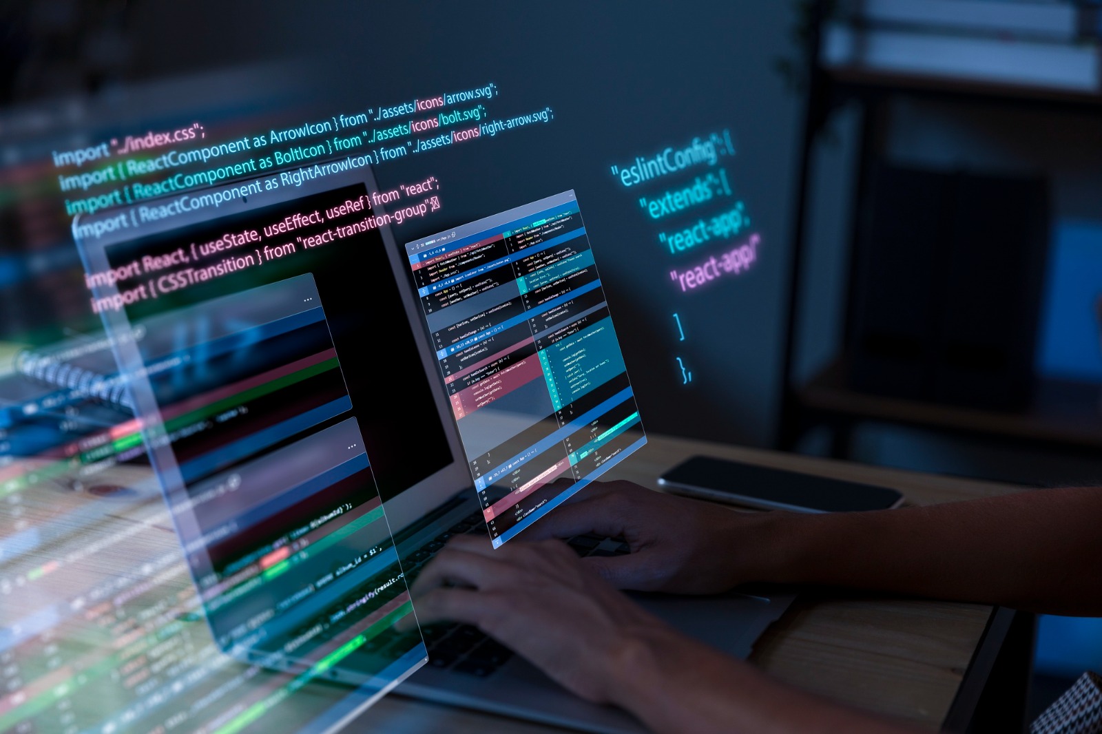 Laptop screen with layered code editor windows showing web development source code